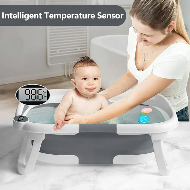 Morfone Collapsible Baby Bathtub, Baby Bath Tub with Soft Cushion & Thermometer, Baby Bathtub Newborn to Toddler 0-36 Months, Portable Travel Baby Tub, Gray