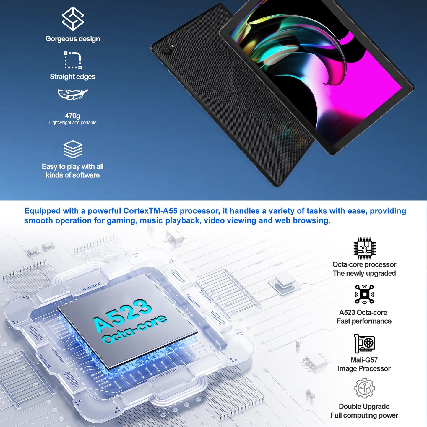 Android 14 Tablet, 10.1 inch Tablets with 1280 * 800 IPS HD Touchscreen, Octa-Core Processor, 8GB RAM 64GB ROM, 1TB TF Card Expandable, Widevine L1, Face ID, Wi-Fi 6, Fast Charging - Black