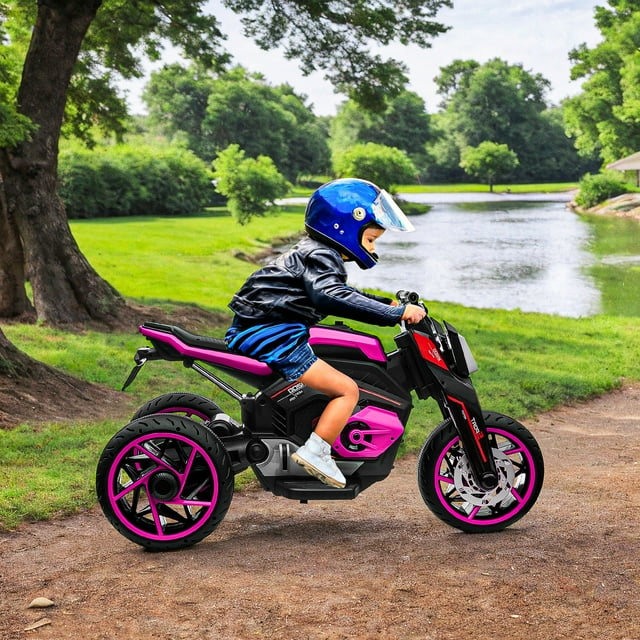 CIPACHO 12V Three Wheel Ride On Motorcycle, Kids Electric Motorbike Car with Horns, LED Lights, Gift for Kids 3-8 Years, Pink