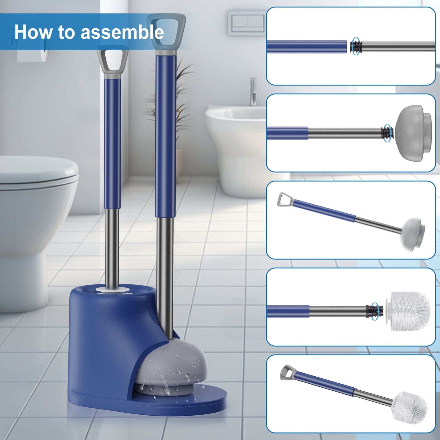 SUGARDAY Toilet Brush and Plunger Combo Set Toilet Bowl Brush and Caddy Scrub Brush with Holder