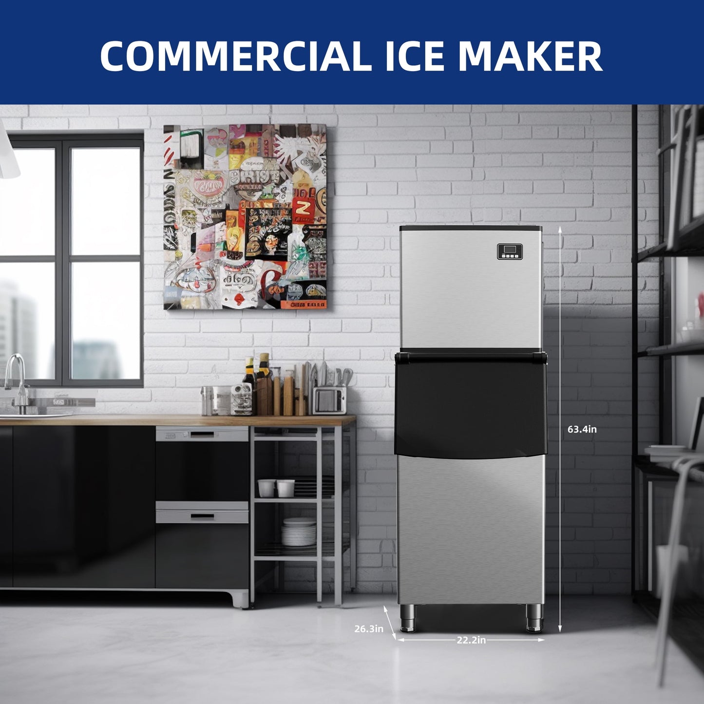Simzlife 400Lbs/24H Commercial Ice Maker Machine, Freestanding/Built-In, Stainless Steel Clear Ice Cube Maker