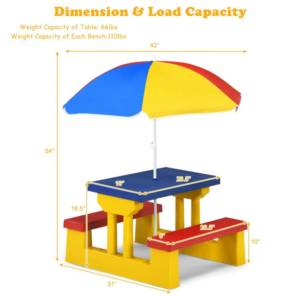 Resenkos Kids Picnic Folding Table and Bench with Umbrella-Yellow, Small Folding Table for Arts & Crafts, Snack Time, Homeschooling, Homework