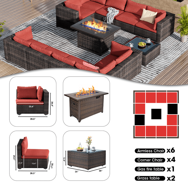 Grezone Patio Furniture Sets 13 Piece Outdoor Conversation Sets with Steel Tube, Weather-Resistant, Red