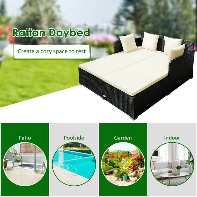 Veryke Outdoor Patio Wicker Daybed Double Chaise Lounge with Cushion, Recliner Chair for Patio Furniture - Beige