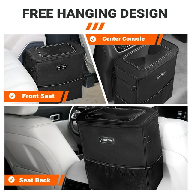 HOTOR Car Trash Can with Lid, Leak-Proof Car Garbage Can with Mesh Pockets, Car Accessories