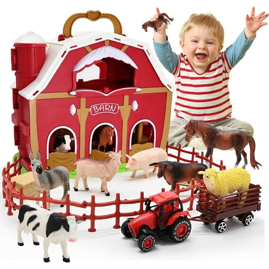 QIAHO Big Red Barn Farm Animals Playset for Toddlers with Animal Figurines and Tractor Toy Montessori Learning Toys for Kids with 2 Stickers