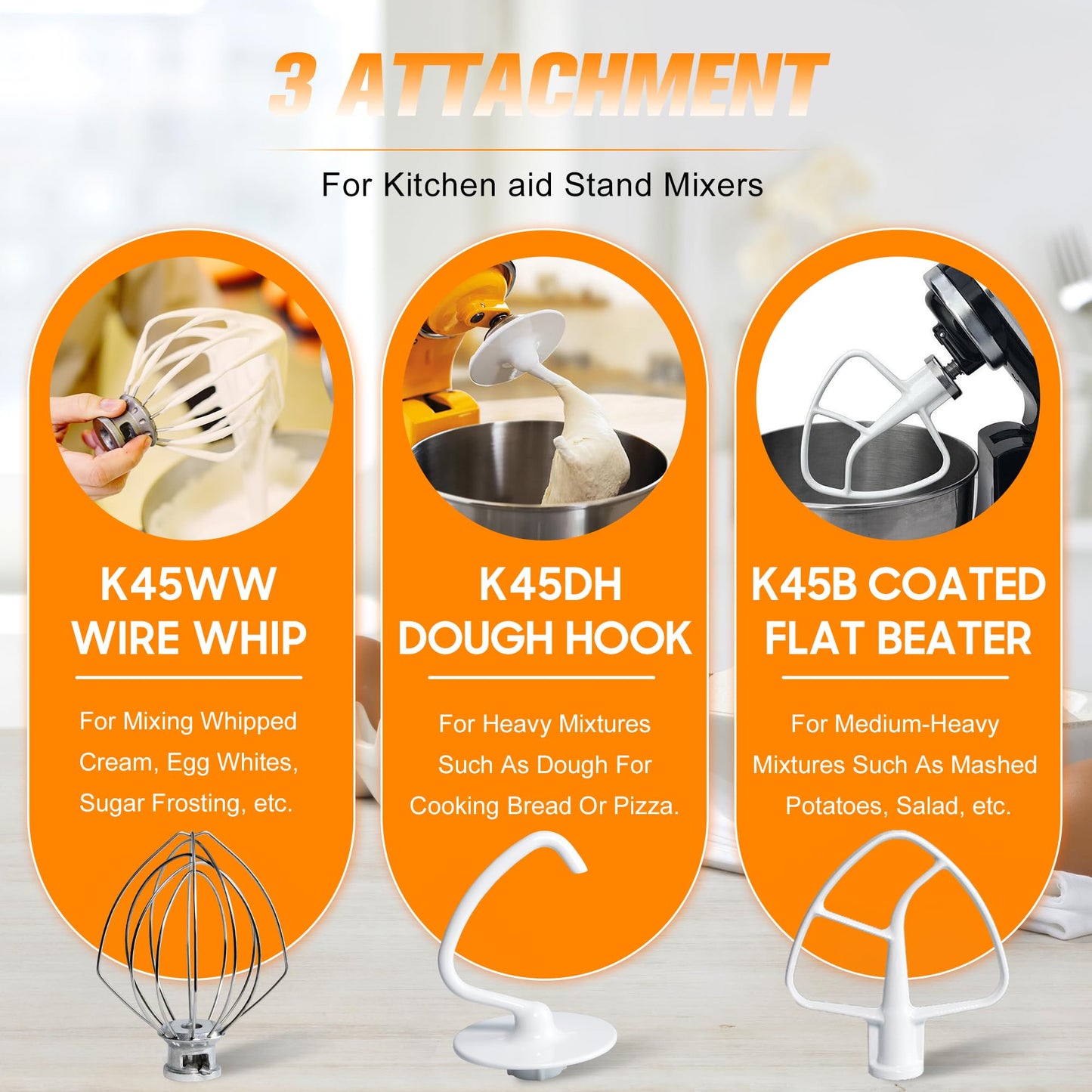 Stainless Steel Mixers Accessories Set: Wire Whip, Dough Hook, Coated Flat Blade Paddle with Scraper for Kitchen Aid Tilt-Head Stand Mixers