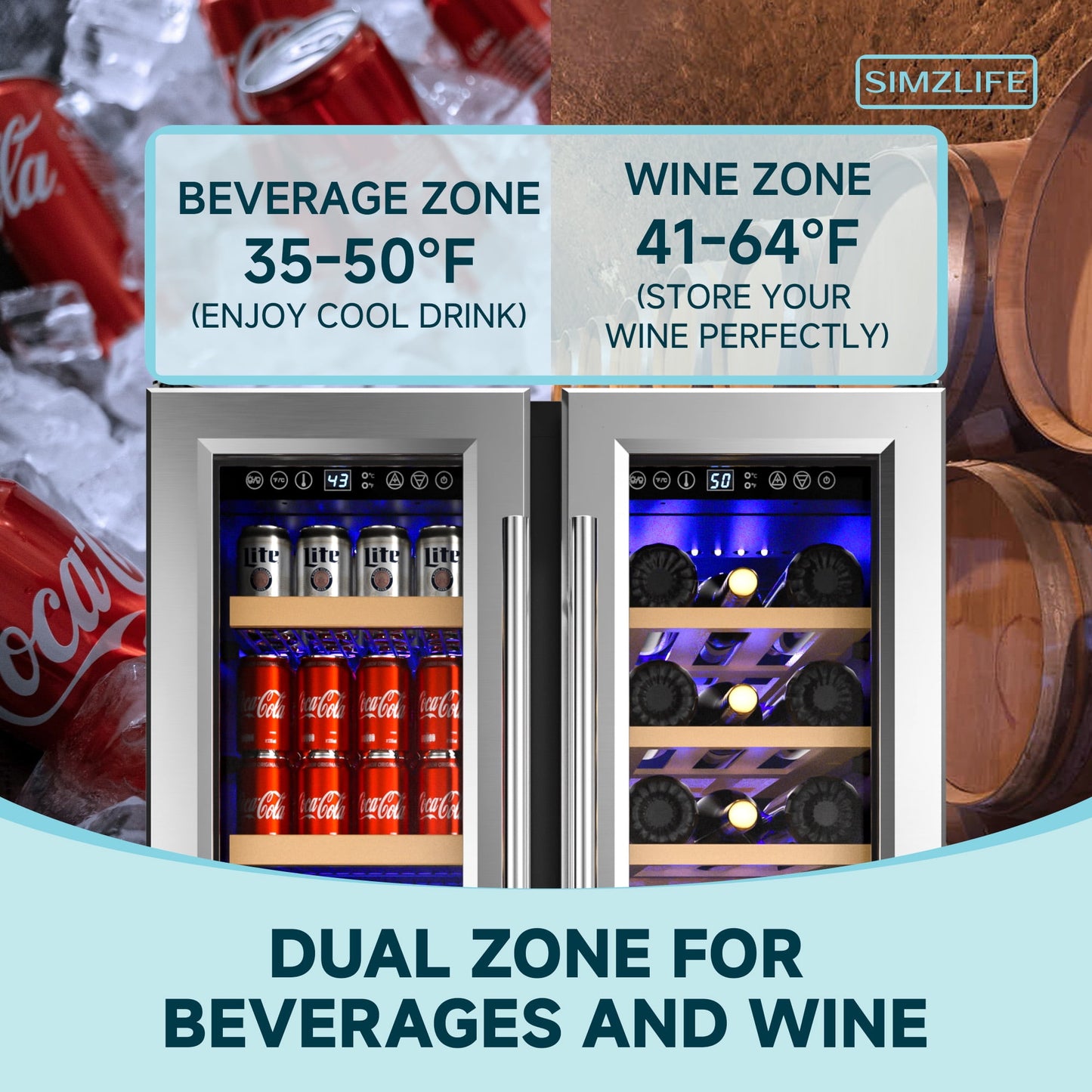 Simzlife 24 Inch Dual Zone Beverage Refrigerator with Glass Door Hold 21 Bottles&88 Cans, Built in or Under Counter Wine Fridge
