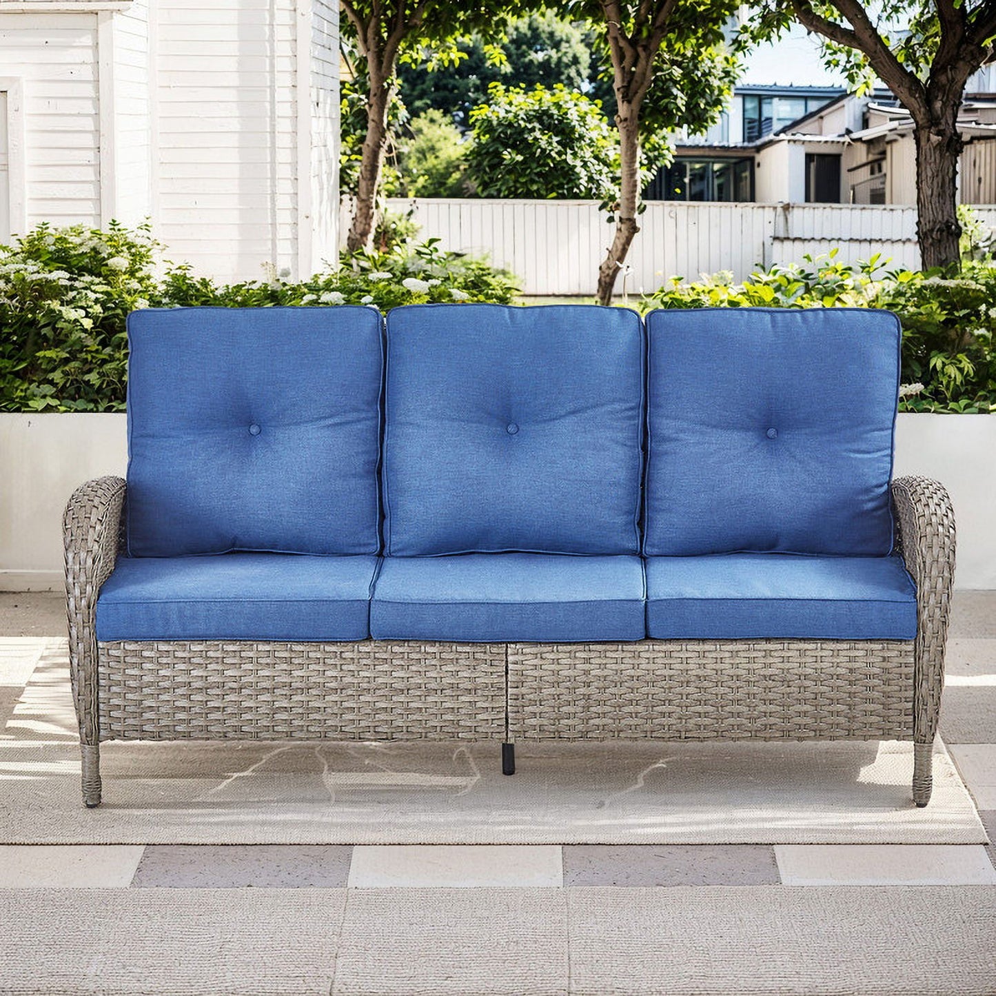 PARKWELL 5-Piece Outdoor Patio Conversation Set,Wicker 5-Seat High Back Furniture with Sofa, Swivel Gliders and Coffee Table,Gray Wicker Navy Cushions
