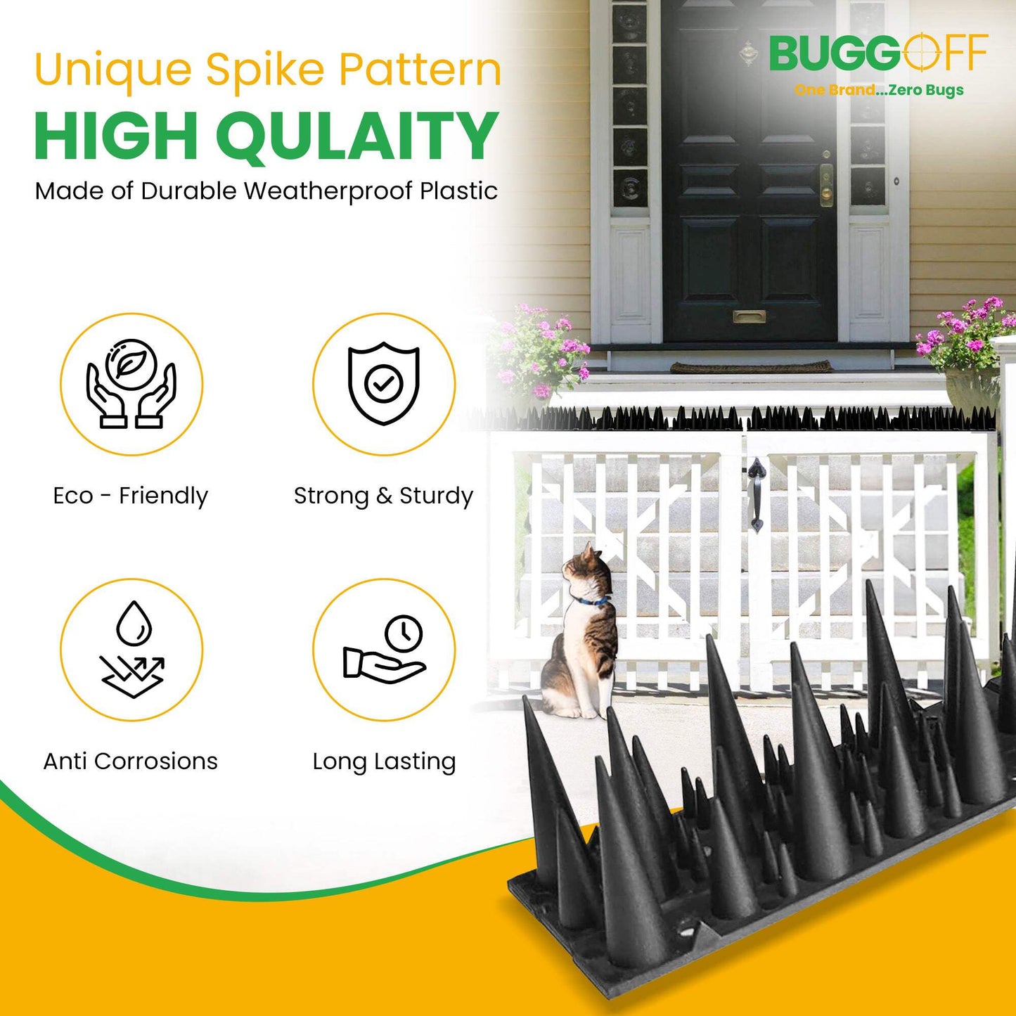 Bird & Rodent Spikes, Unique spike pattern effectively deters pesky Pigeons, Squirrels, Raccoons. Installs on fences, gates, roofs, walls and more! (15 Feet, Green Plastic)