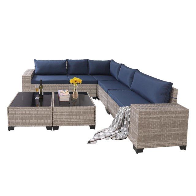 Hommoo 7-Piece Outdoor Patio Furniture Sets, All-Weather Wicker Rattan Conversation Sectional Sofa with 2 Glass Coffee Table and Washable Seat Cushion, Blue&White-Gray