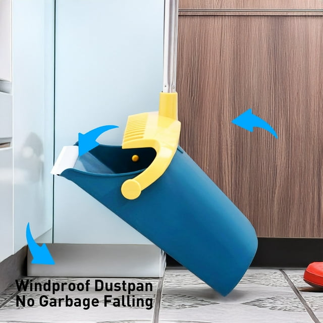 Broom and Dustpan Set, 51.2" Self-Cleaning with Dustpan Teeth for Pet Hair, Home, Kitchen, Blue