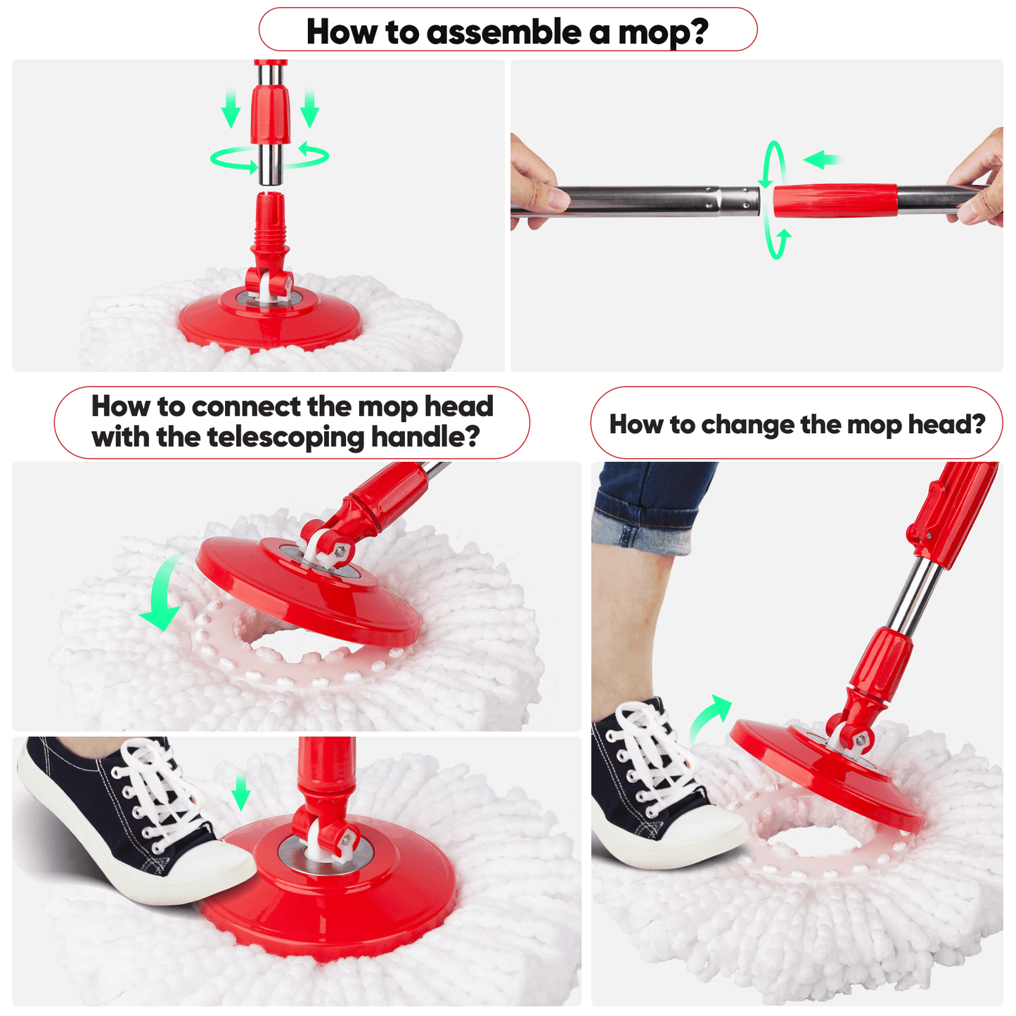 SUGARDAY Spin Mop and Bucket System with Wringer Set for Floors Red