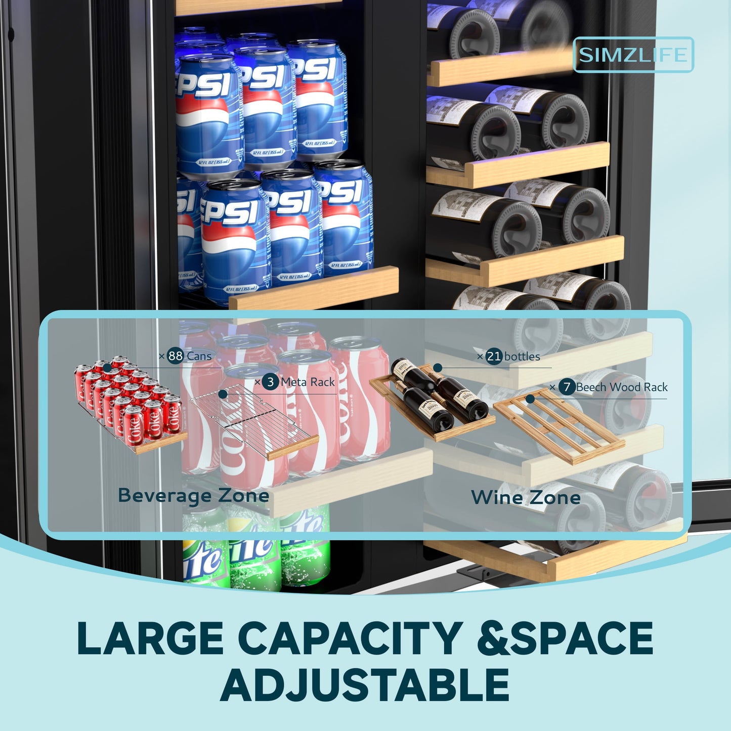 Simzlife 24 Inch Dual Zone Beverage Refrigerator with Glass Door Hold 21 Bottles&88 Cans, Built in or Under Counter Wine Fridge