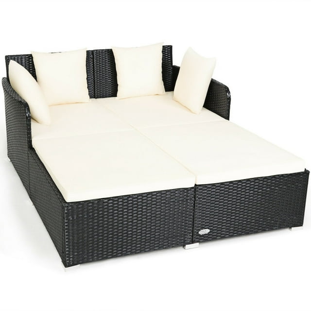 Veryke Outdoor Patio Wicker Daybed Double Chaise Lounge with Cushion, Recliner Chair for Patio Furniture - Beige