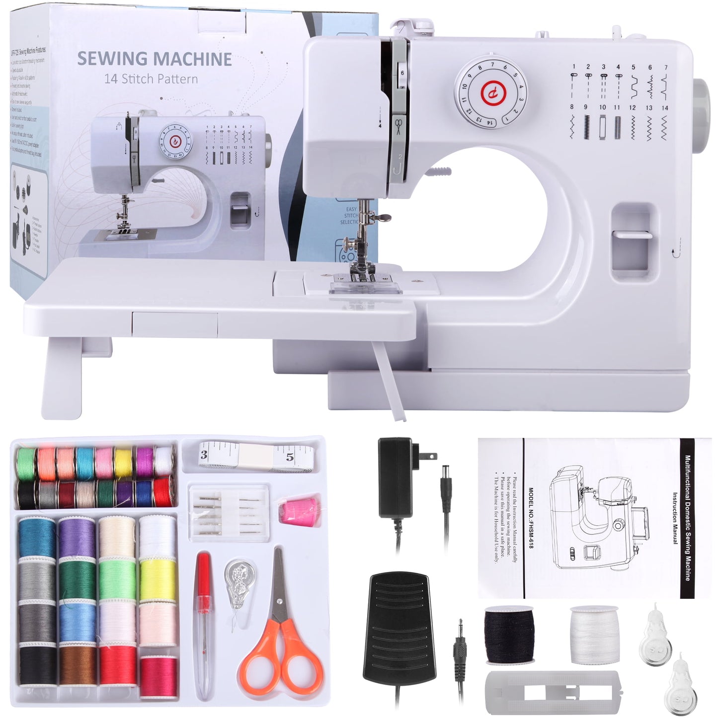 BCOOSS Sewing Machine with 14 Built-in Stitch Multifunctional Portable Machine with Extension Table