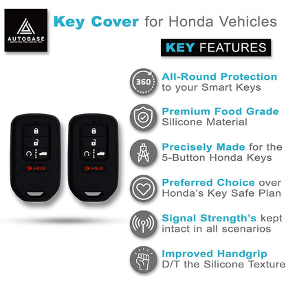 Autobase Silicone Key Fob Cover for Honda Accord Civic CR-V CRV Pilot Passport Insight EX EX-L Touring | Car Accessory | Key Protection Case - 2 Pcs (Black)