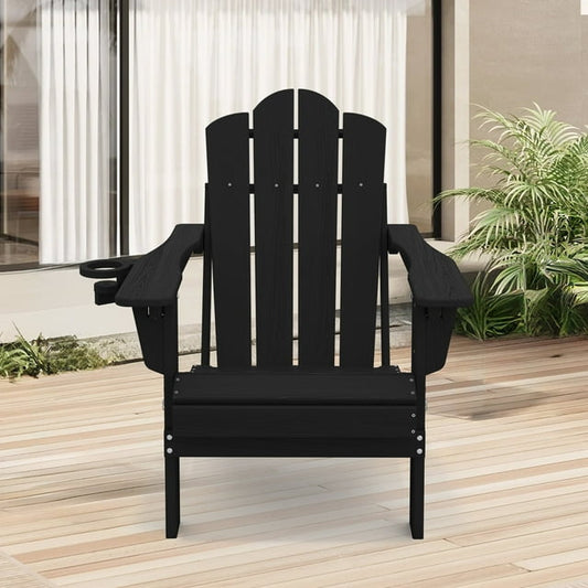 Three-position Adjustable Backrest Folding Adirondack Chair W/ Cup Holder, HDPE Weather Resistant Outdoor Patio Chair, Black(1PC)