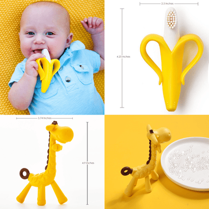 BabyGoods Teething Mitten Infant Glove with Banana Brush and Giraffe Teether, Pink, 3 Count