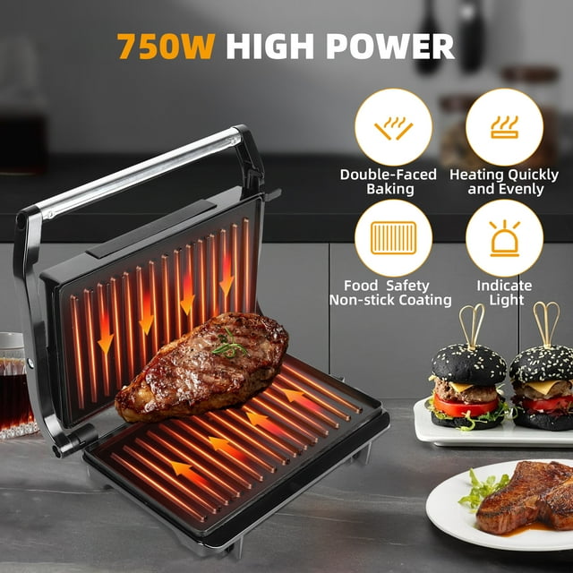 Kailwokk Panini Press Grill,Non-Stick Coated Plates Sandwich Maker,2 Slice Stainless Steel Electric Indoor Grill Opens 180° to Fit Any Thickness Sandwich,Burgers,Steak