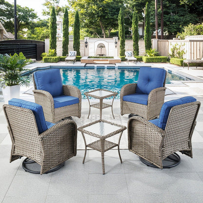 PARKWELL Outdoor Swivel Glider Chair Set of 4, Patio High Back Swivel Rocker Lounge Arm Chair for Balcony Yard,Gray Wicker Deep Seat Furniture with Navy Cushion