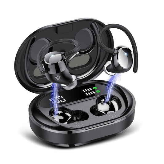 2025 New Ultralight Bluetooth Headphones 125Hrs Wireless Earbuds with Display Charger Case Over Ear Bud with Earhooks,Noise Cancelling Mic,Waterproof Deep Bass Headset for Workout,Black