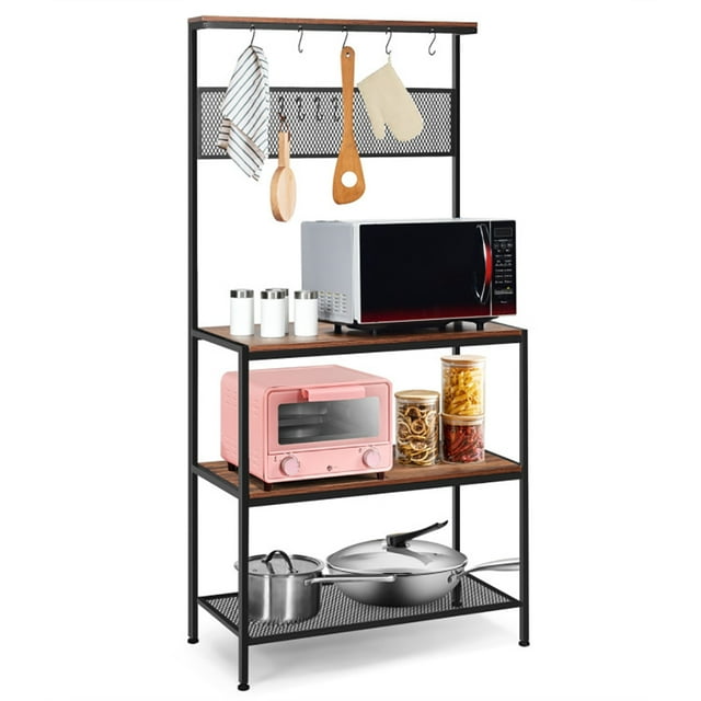 Canddidliike 4-Tier Kitchen Rack Stand with Hooks and Mesh Panel, Bakers Rack Kitchen Storage Shelf, Kitchen Stand, Brown