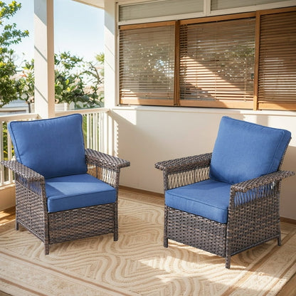 PARKWELL Outdoor Wicker Cushioned Lounge Chair Set of 2, Outdoor Seating Set for Backyard, Poolside, Balcony, Indoor Use w/Seagull-Shaped Armrests,Navy