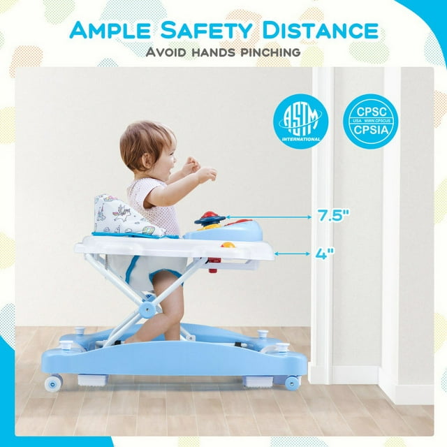 Spaco 6 in 1 Foldable Baby Walker with Adjustable Height-Blue, Baby Walker with Wheels for Boys Girls Babies