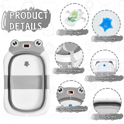 Morfone Collapsible Baby Bathtub, Baby Bath with Thermometer & 1 Hooded Towel & 1 Soft Floating Cushion, Portable Travel Baby Tub, Foldable Baby Bath Tub for Newborns to Toddler 0-36 Months, Gray