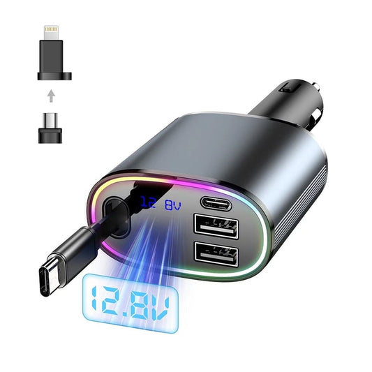 4 in 1 Retractable Car Charger,180° Adjustable，78W Fast Charger for Car with iPhone and Type C Cable and 3 Charging Ports Car Charge with Cables(2.6ft), for iPhone,iPad,Airpod,Galaxy