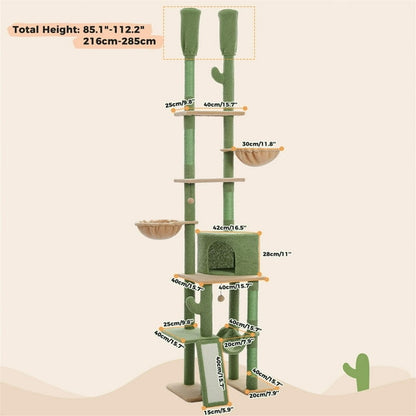 Demi Bonn Adjustable Height(85-112 in) Cat Tree Tower Floor to Ceiling with 7 Tiers Cat Climbing Activity Center, Cozy Hammocks, 5 Platforms for Indoor Cats, Green