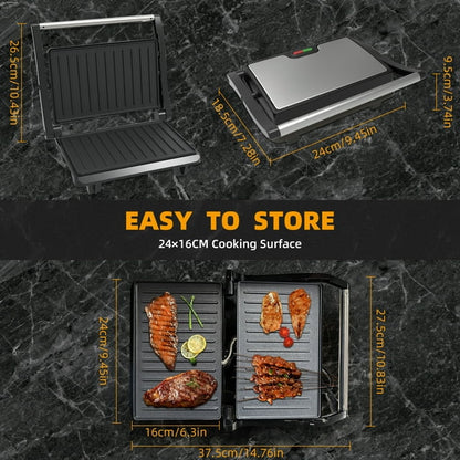 Kailwokk Panini Press Grill,Non-Stick Coated Plates Sandwich Maker,2 Slice Stainless Steel Electric Indoor Grill Opens 180° to Fit Any Thickness Sandwich,Burgers,Steak