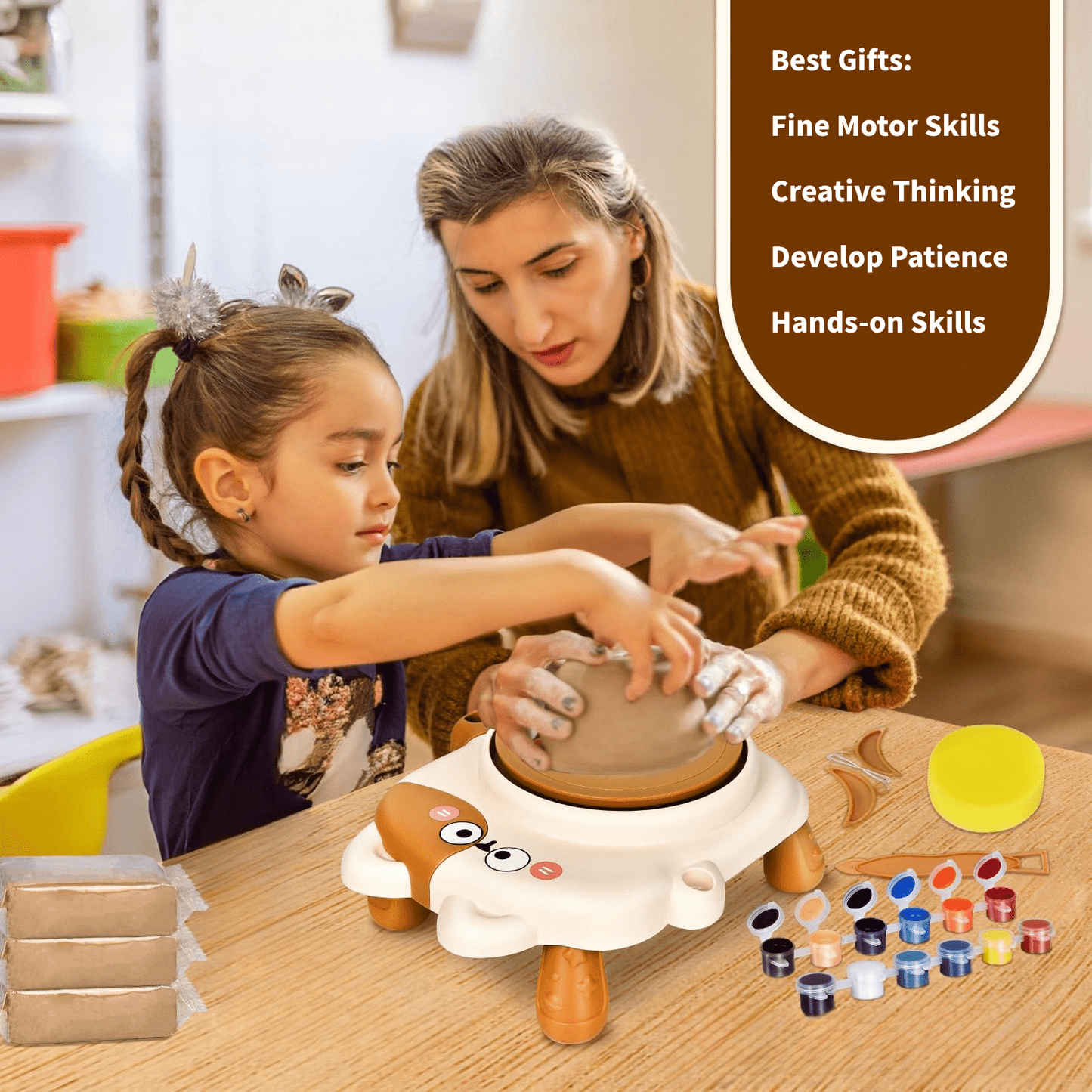Tiny Pottery Wheel,Pottery Machine,Pottery Kit for Kids with 3 Clays,Cat Pottery Machine with Adjustable Speed,Air Dry Sculpting Clay and Craft Paint Toy Kit