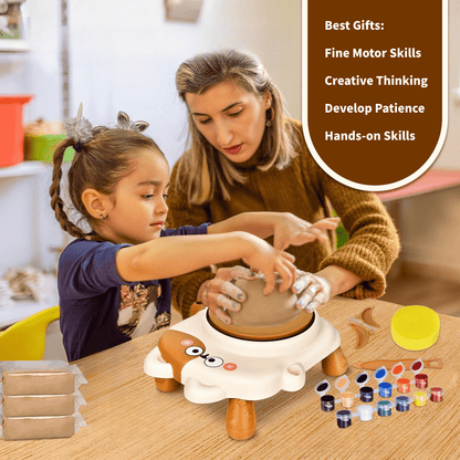 Tiny Pottery Wheel,Pottery Machine,Pottery Kit for Kids with 3 Clays,Cat Pottery Machine with Adjustable Speed,Air Dry Sculpting Clay and Craft Paint Toy Kit