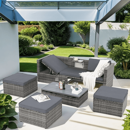 5 Piece Patio Furniture Sets, All-Weather Outdoor Conversation Sets with Adustable Backrest & Lift Top Coffee Table, PE Rattan Wicker Patio Sectional Sofa Set, Gray