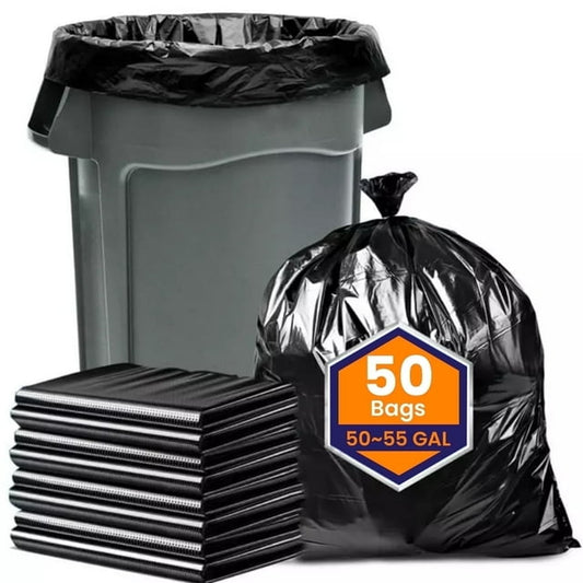 50-55 Gallon Trash Bags, 50 Count Heavy Duty Large Black Garbage Bags for Office, Waste, Lawn and Leaf, 1.5 Mil