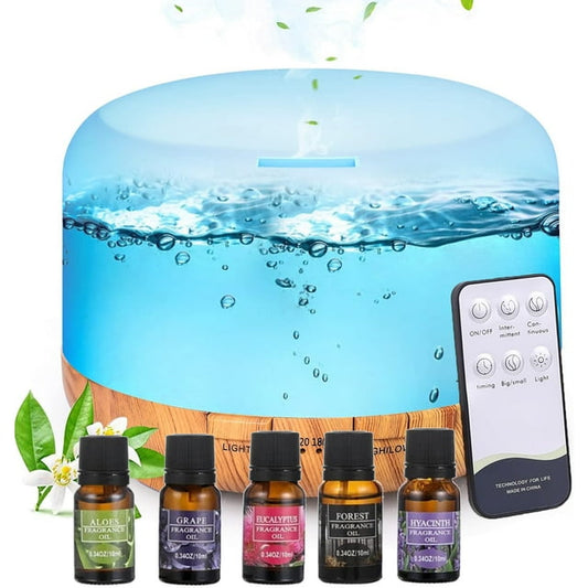 500ml Essential Oil Diffuser with 5*10ml Essential Oil, Humidifier, Diffusers for Home, Aromatherapy Diffuser with Remote Control, Diffusers for Essential Oils Large Room(Shallow wood grain)