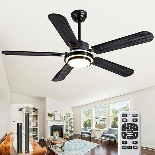 52 Inch Black Ceiling Fans with Lights Remote Control,5 Blades Solid Wood Noiseless Modern Ceiling Fans for Indoor,Outdoor,Bedroom,Living Room,Office,Farmhouse,Patio