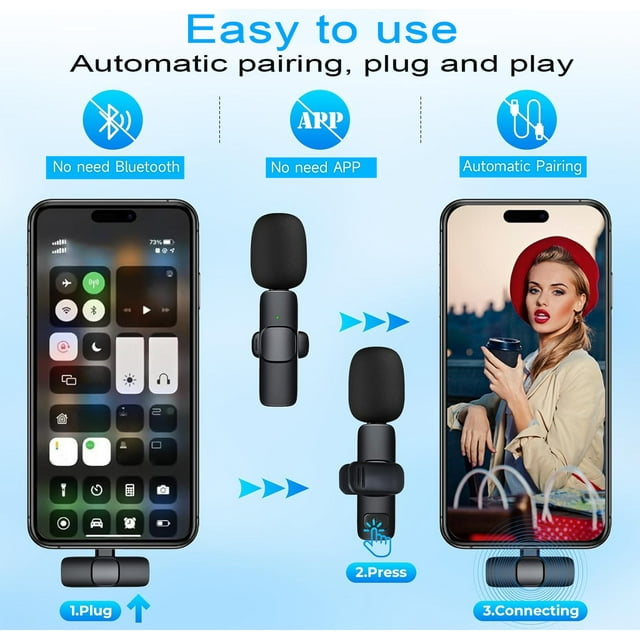 Wireless Lavalier Microphone for iPhone/Android/iPad/Laptop, Mini Microphone, Microphone for Type-C Phone, Wireless Microphones, Microphone for Video Recording, YouTube, Vlog, Tiktok, Interview
