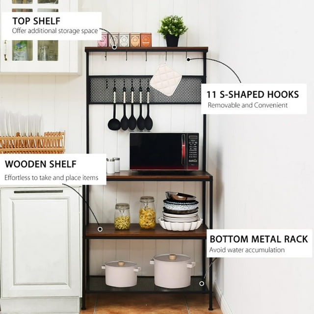 Canddidliike 4-Tier Kitchen Rack Stand with Hooks and Mesh Panel, Bakers Rack Kitchen Storage Shelf, Kitchen Stand, Brown