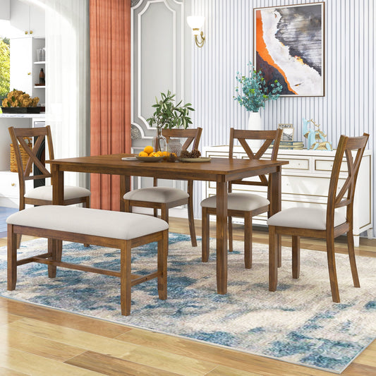 6 Piece Dining Table Set with 4 Chairs and Bench, Wooden Dining Set for Kitchen, Dining Room, Natural Cherry