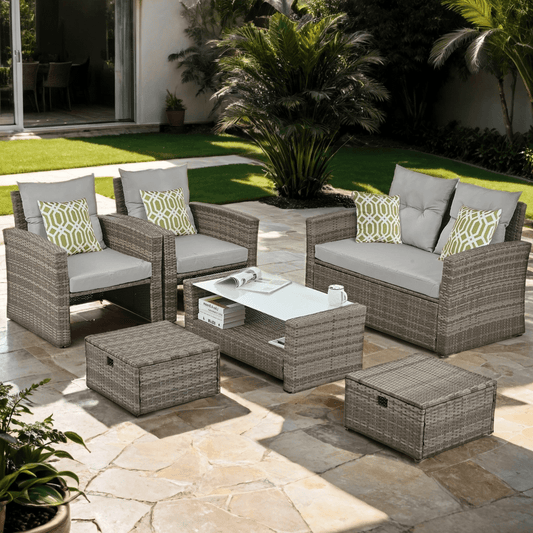 6 Piece Patio Furniture Sets, Solid Wood Garden Conversation Sectional with Ottomans, Gray Cushions and Throw Pillows for Backyard