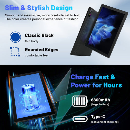 Bestski Android 14 11inch Tablet , Octa-Core Processor,16GB RAM + 128GB ROM,FHD IPS Display,Face Unlock 6800Amh,5+8 MP with Colorful Lights,Black