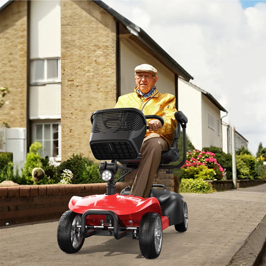 CoolHut Upgrade 4 Wheel Mobility Scooter for Adults, Foldable Powered Mobile for Travel, Lightweight and Portable with LED Headlights and Basket, Red