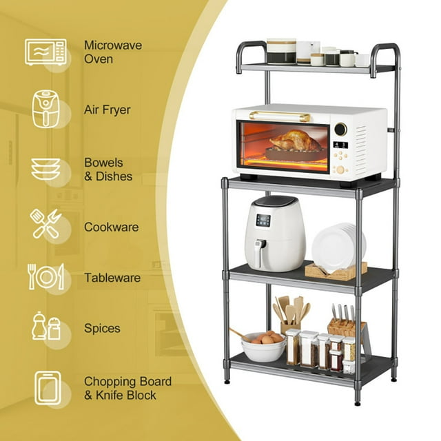 Kepooman Kitchen Bakers Rack, Coffee Bar Station, Microwave Oven Stand,Storage Shelves,4-Tier Baker’s Rack Stand Shelves Kitchen Storage Rack Organizer