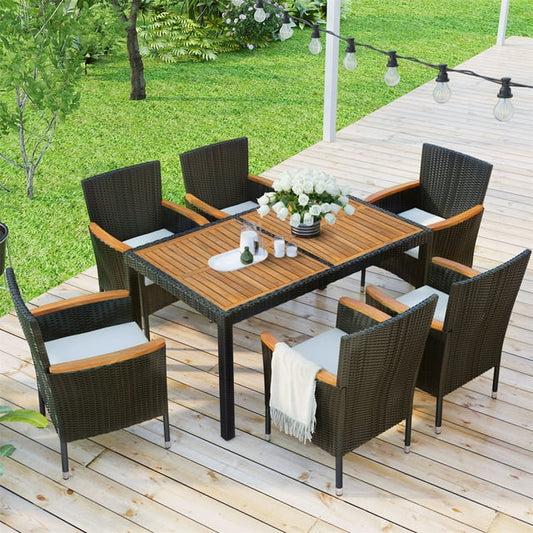 7 Piece Outdoor Wicker Sectional Dining Set, Outdoor Furniture Set with Stackable Armrest Chairs & Beige Cushions, Patio Dining Set for 6, Black Rattan