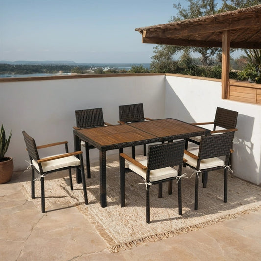 7 Piece Patio Dining Set, Outdoor Dining Furniture Set with Table and Steel Chairs, Black