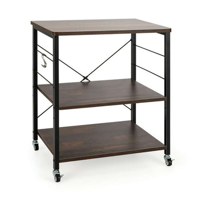 Canddidliike 3-Tier Kitchen Baker's Rack Microwave Oven Storage Cart with Hooks-Charcoal Brown, Bakers Rack Kitchen Storage Shelf