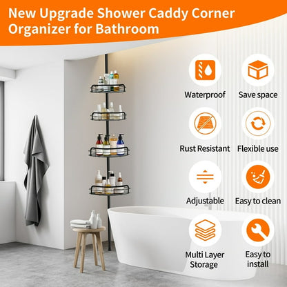 Qissep Rust-Resistant Shower Caddy Corner Organizer for Bathroom,4 Pcs Baskets with Baseplate,with Tension Pole Extend from 31.49 to 111.42 inch,Black